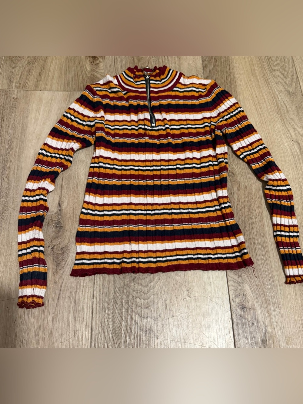 Striped Ribbed Mock Neck Top in Burgundy and Mustard Small